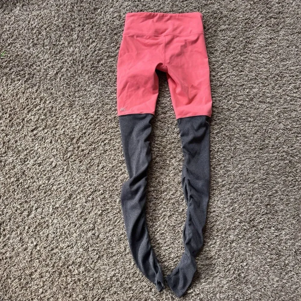 Alo Yoga Goddess Ribbed Leggings Black Coral Pink Pants Women's Size XS Workout
